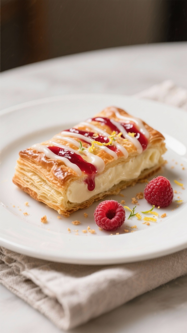 Final dish presentation: Beautifully plated slice of Raspberry Cream Cheese Danish on a matte white 