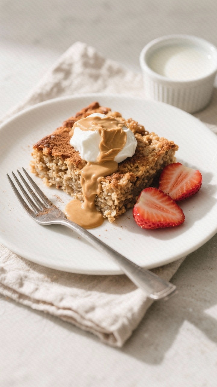 Final dish presentation: Beautifully plated slice of sugar free baked oatmeal on a matte white plate