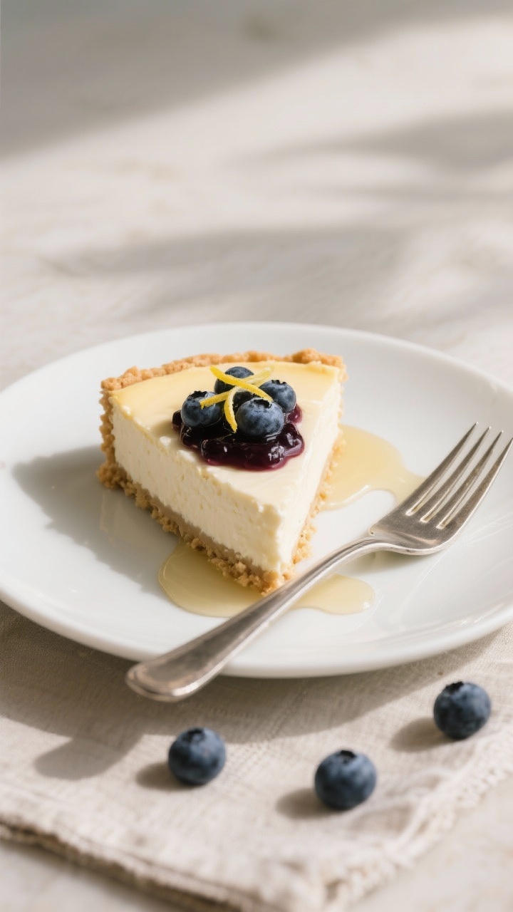 Final dish presentation: Beautifully plated slice of vanilla ricotta cheesecake with a neat, sharp e