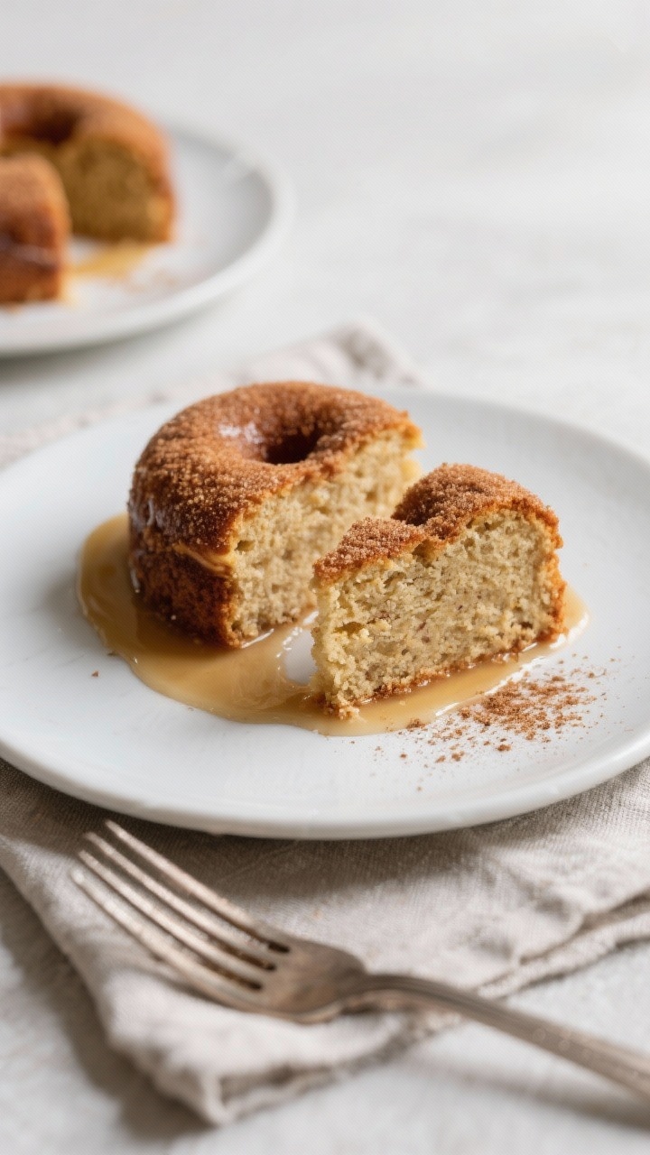 Final dish presentation: Beautifully plated slices of apple cider donut cake on matte white dessert