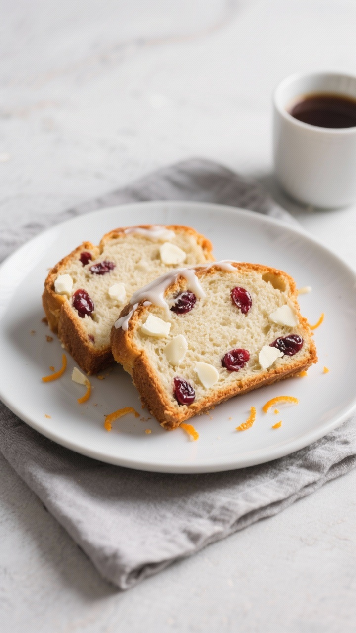 Final dish presentation: Beautifully plated slices of White Chocolate Cranberry Bread on a matte whi