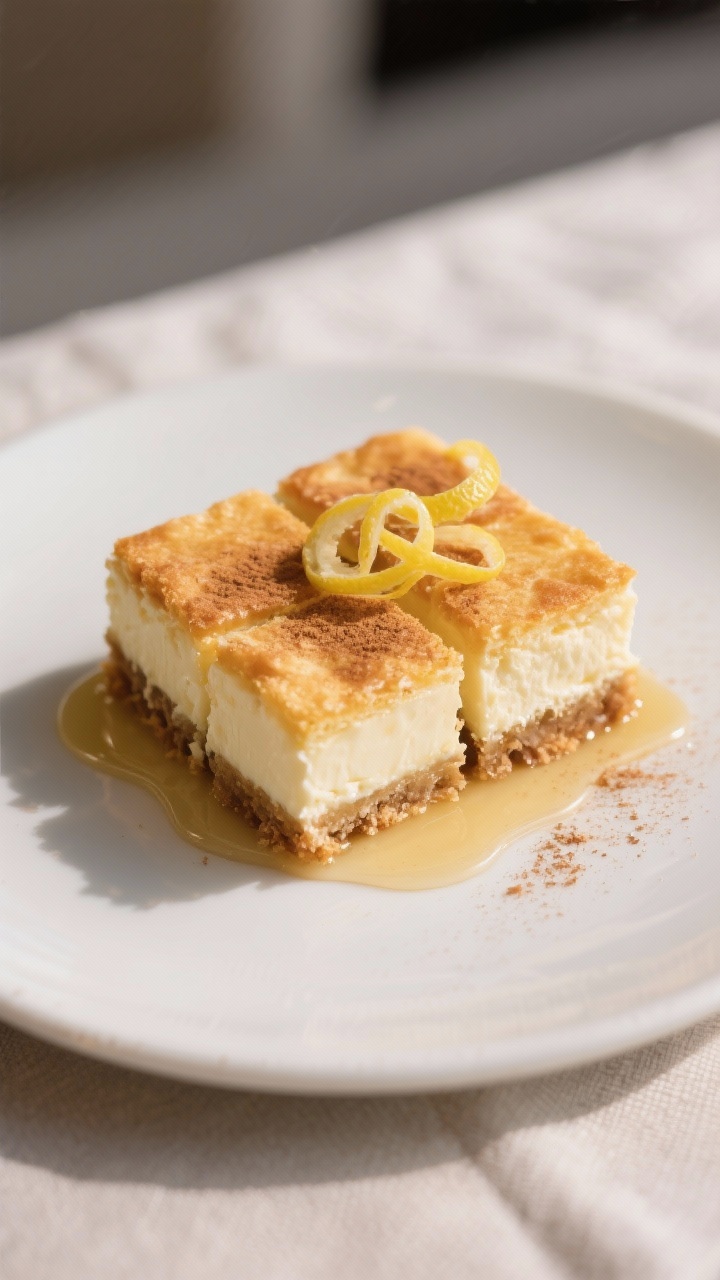 Final dish presentation: Beautifully plated Sopapilla Cheesecake Bars cut into tidy squares with cle