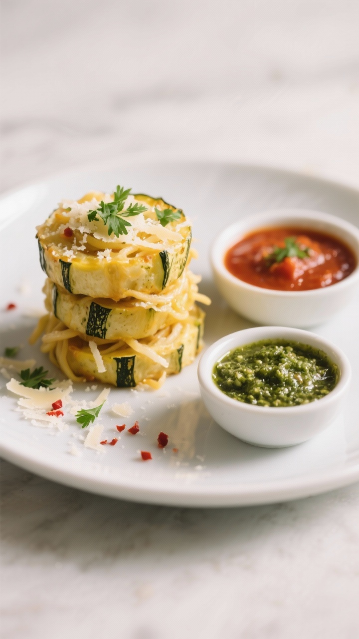 Final dish presentation: Beautifully plated spaghetti squash bites stacked on a matte white plate wi