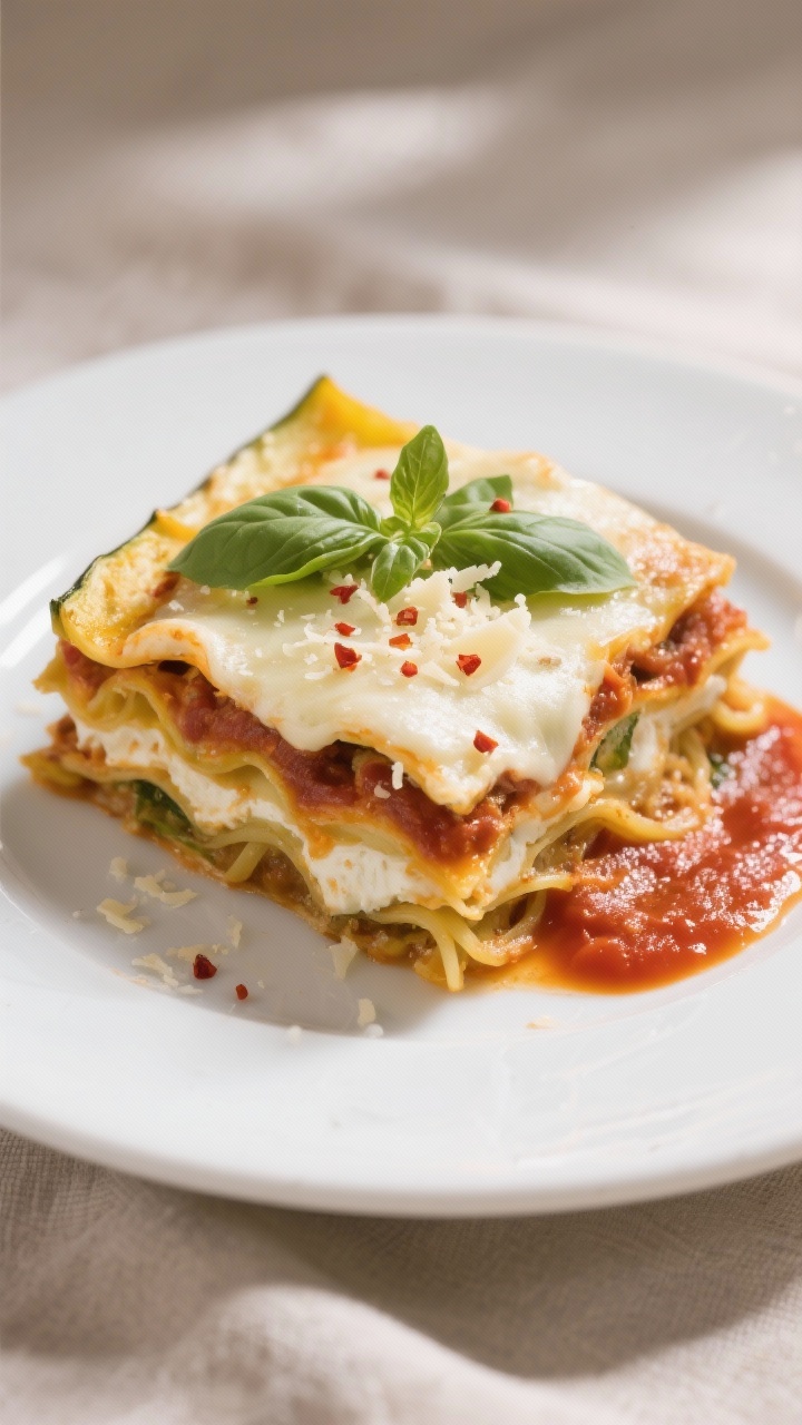 Final dish presentation: Beautifully plated square of spaghetti squash lasagna on a matte white plat