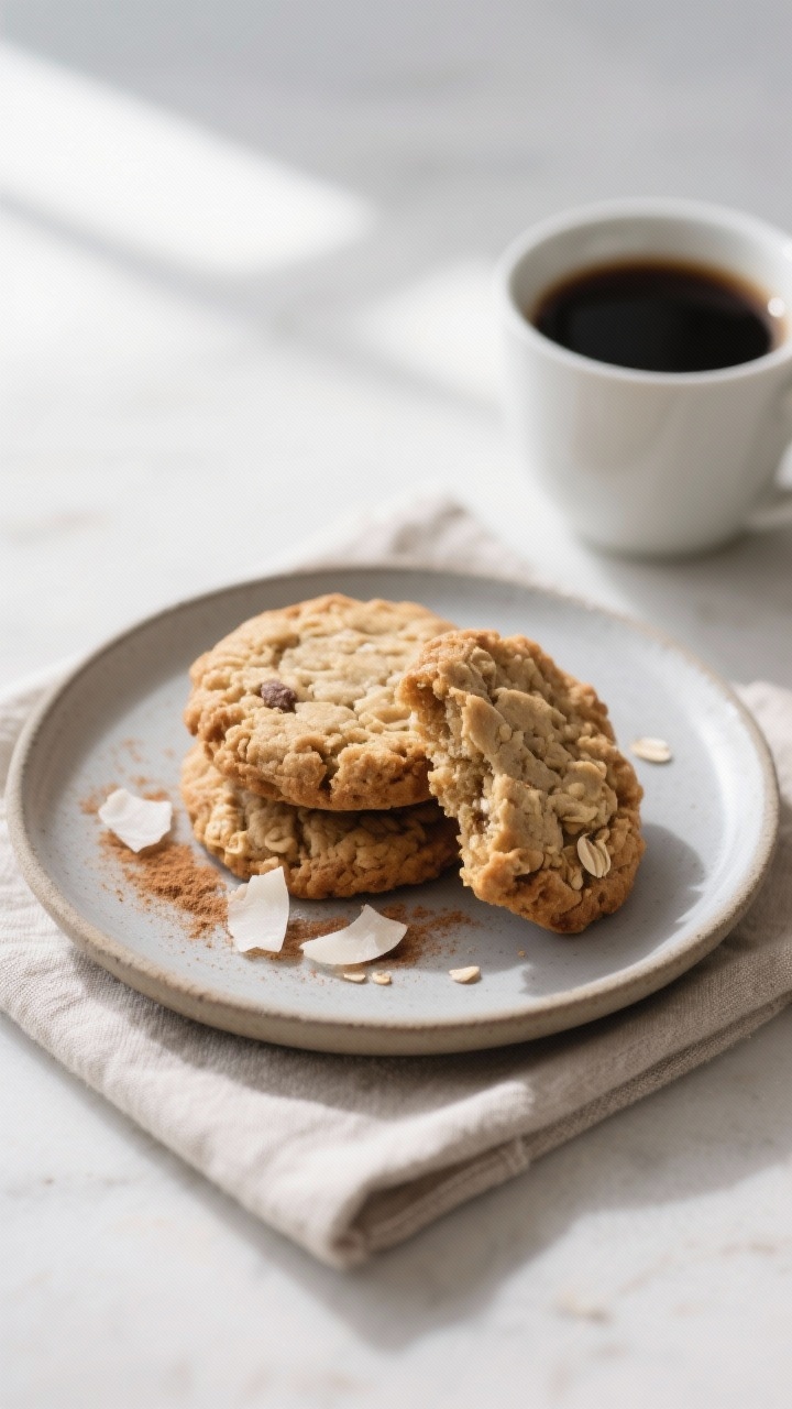 Final dish presentation: Beautifully plated stack of three low carb oatmeal cookies on a matte ceram