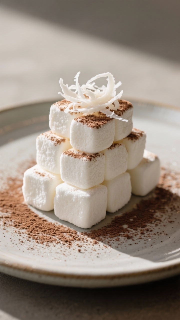 Final dish presentation: Beautifully plated sugar-free marshmallow cubes stacked in a neat tower on