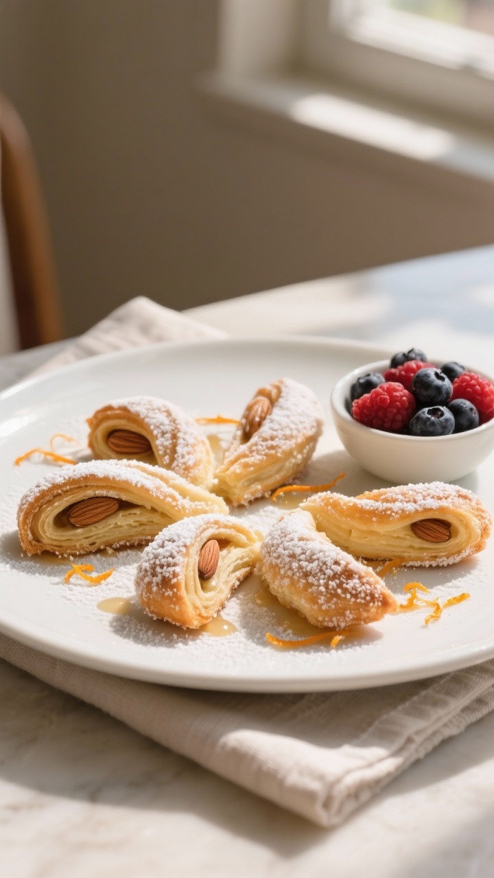 Final dish presentation: Beautifully plated Sugar Crusted Almond Pastries arranged as pinwheels on a