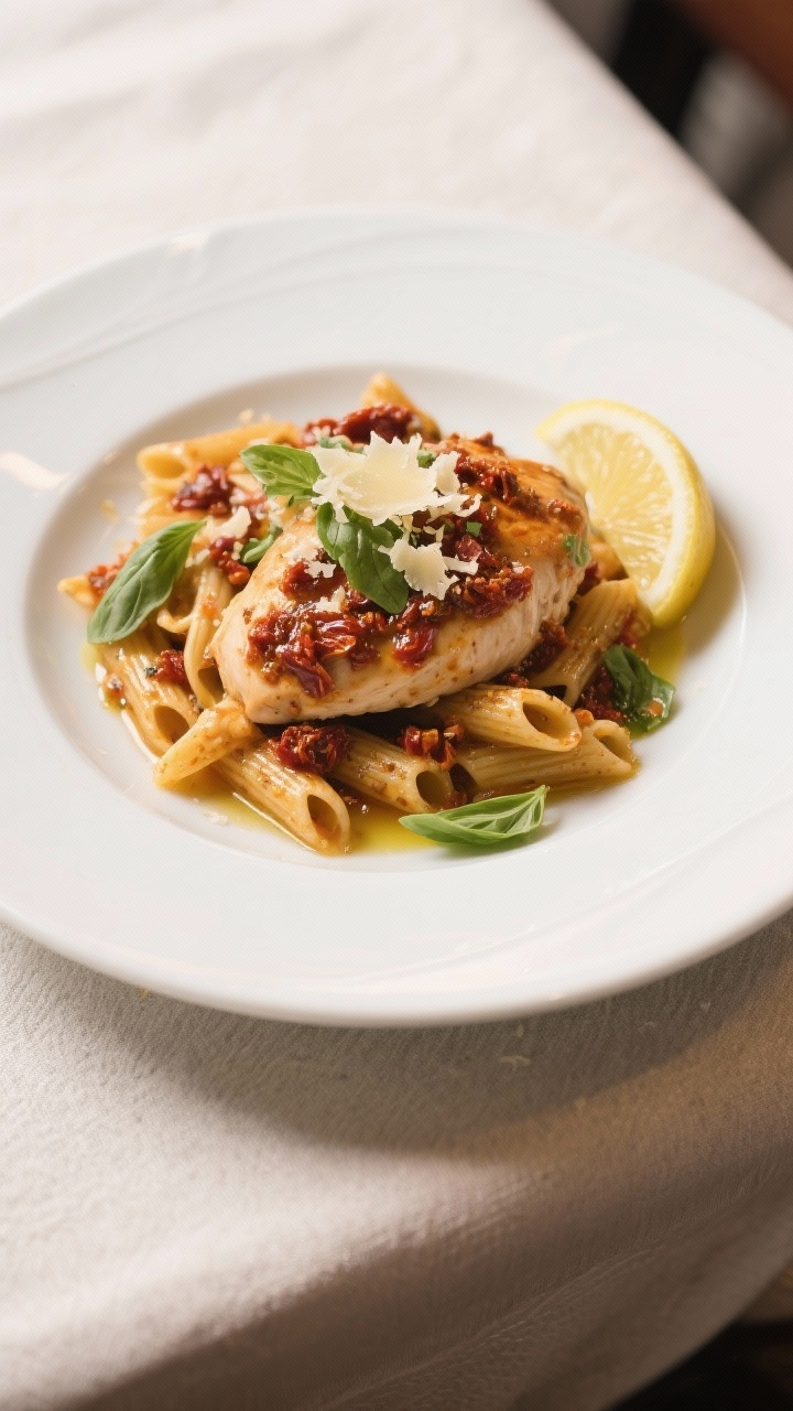Final dish presentation: Beautifully plated Sun Dried Tomato Pesto Chicken over al dente short pasta