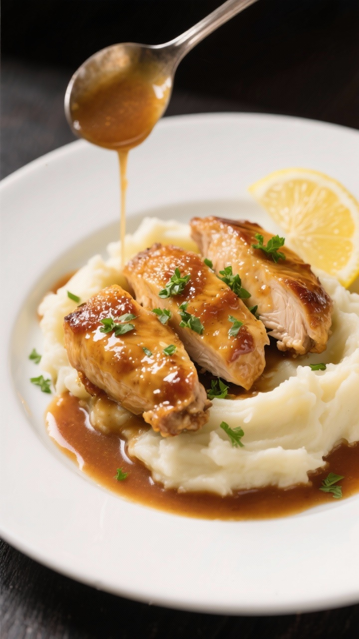 Final dish presentation: Beautifully plated Sweet Maple Mustard Chicken on a wide white plate, sauce
