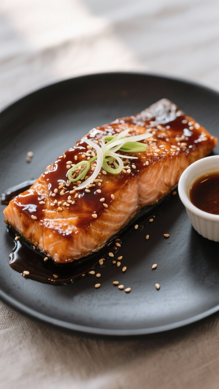 Final dish presentation: Beautifully plated teriyaki-glazed salmon fillet, brushed in the final minu