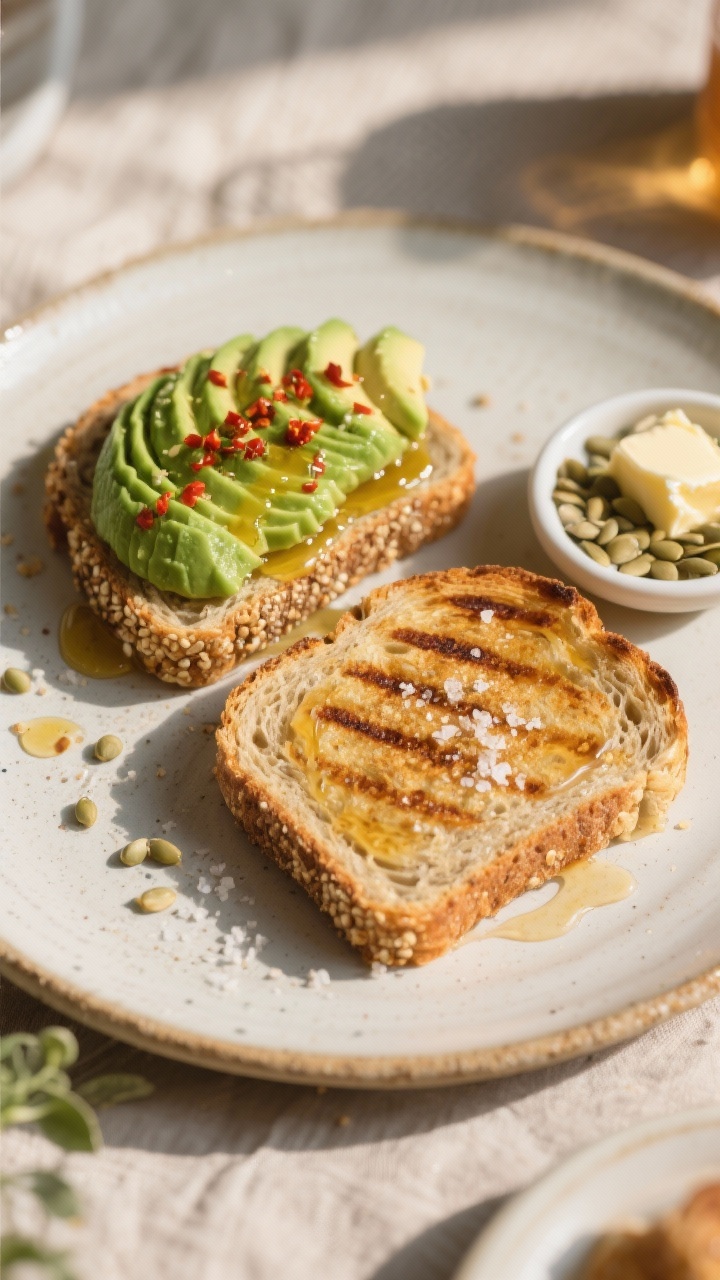 Final dish presentation: Beautifully plated toast made from sprouted quinoa bread—two slices light