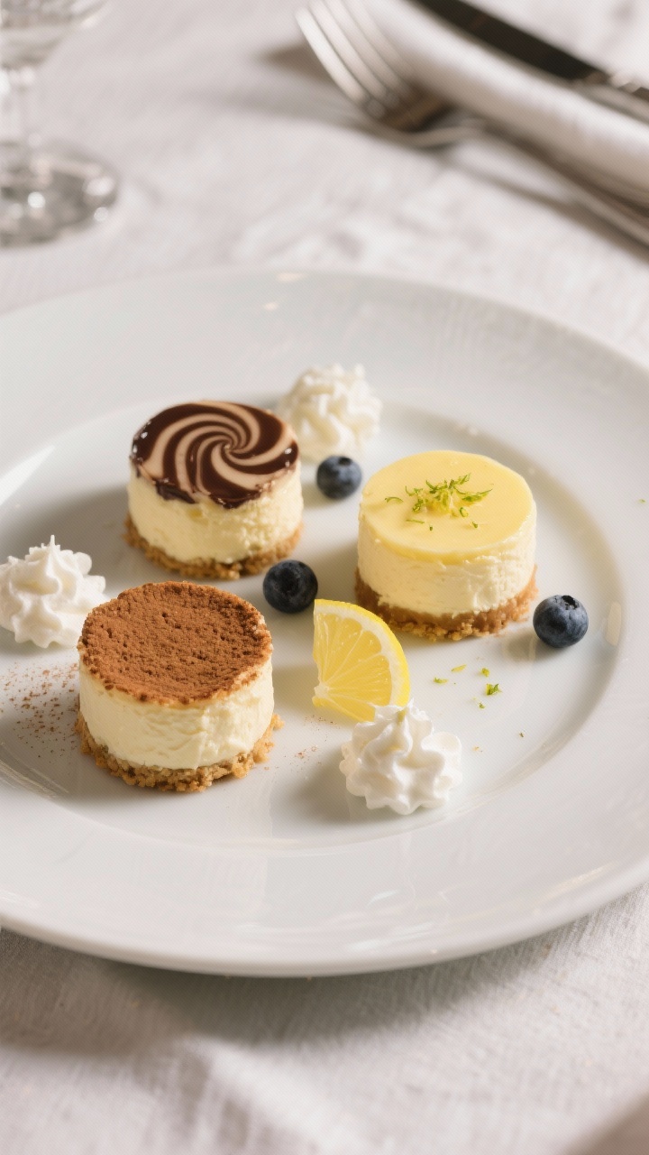 Final dish presentation: beautifully plated trio of keto mini cheesecakes on a matte white dessert p