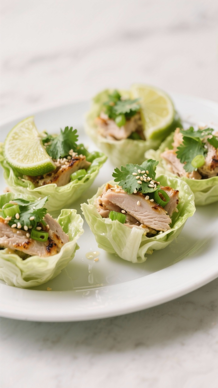 Final dish presentation: Beautifully plated turkey lettuce wraps arranged on a wide white plate—ea