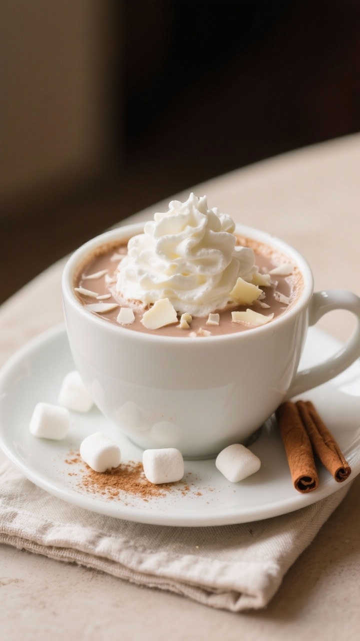 Final dish presentation: Beautifully plated White Hot Chocolate in a white ceramic mug on a matching