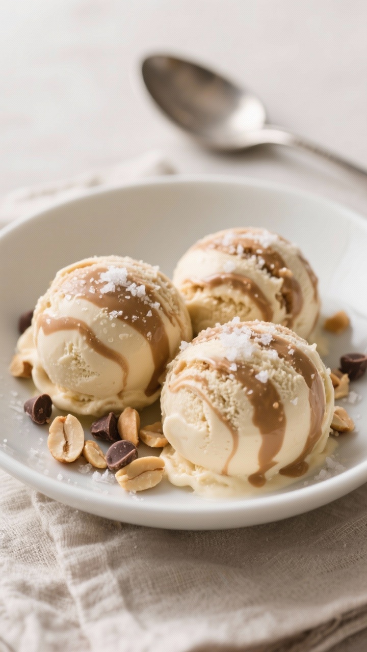 Final dish presentation: Beautifully scooped Peanut Butter Swirl Ice Cream—three round scoops in a