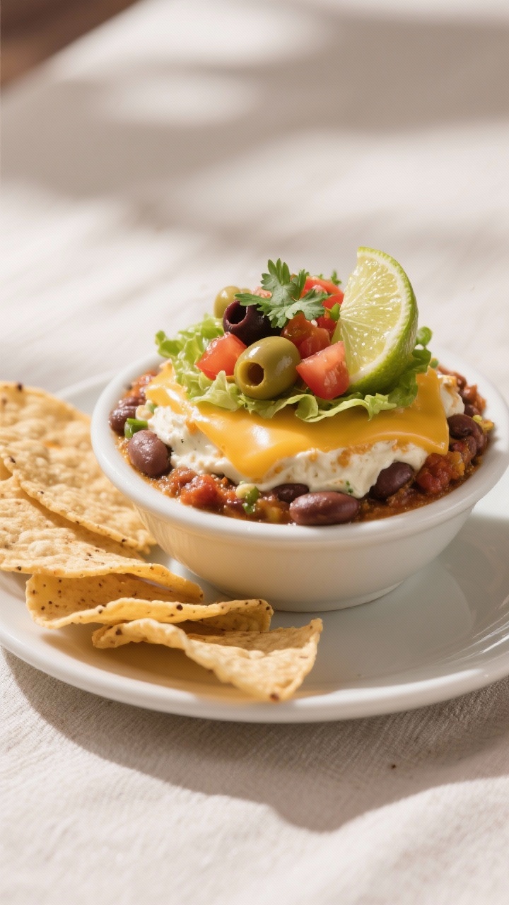 Final dish presentation: Beauty shot of a generous scoop of the layered taco dip plated in a small w