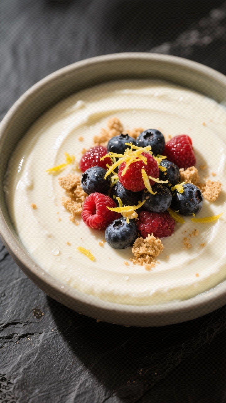Final dish presentation: Berry Cheesecake variation styled in a low, wide bowl—thick vanilla prote