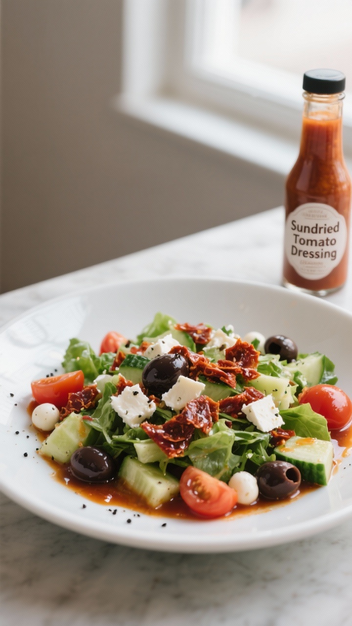 Final dish presentation: Bistro-style chopped Mediterranean salad plated in a wide, white shallow bo