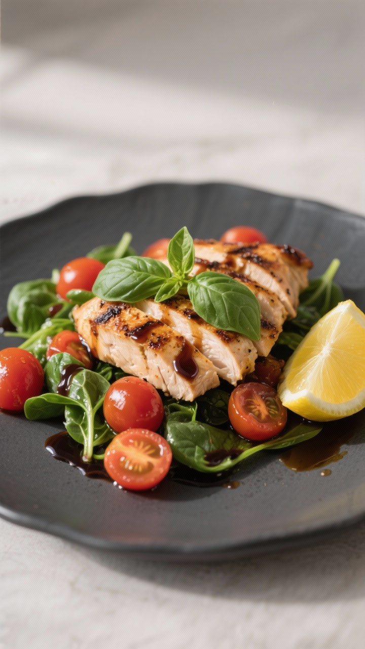 Final dish presentation: Bistro-style plate of grilled chicken sliced and fanned over a bed of cherr