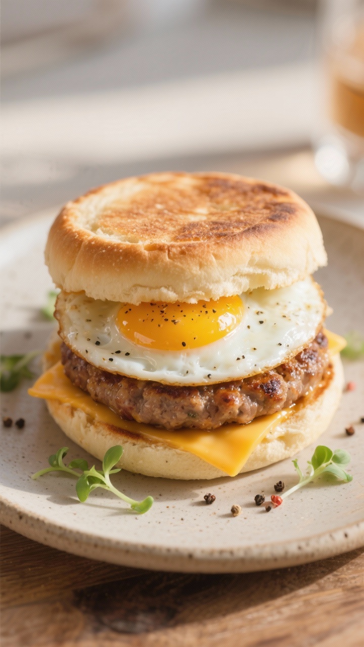Final dish presentation: Breakfast sandwich built with an air-fried sausage patty slightly wider tha