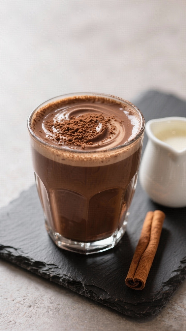 Final dish presentation: Café-style mocha variation in a double-walled glass, blended until creamy 