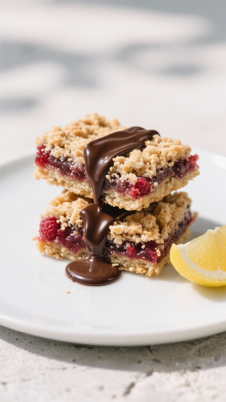 Final dish presentation: Café-style plating of two keto raspberry jam bars stacked slightly askew o