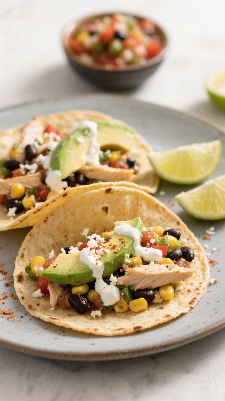 Final dish presentation: Chicken Black Bean Corn Salsa taco spread—warm tortillas filled with the 