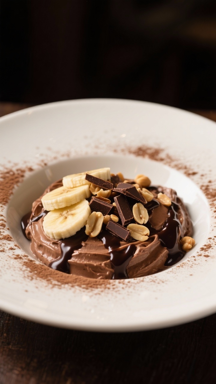 Final dish presentation: Chocolate peanut version—whipped cottage cheese blended with cocoa and pe