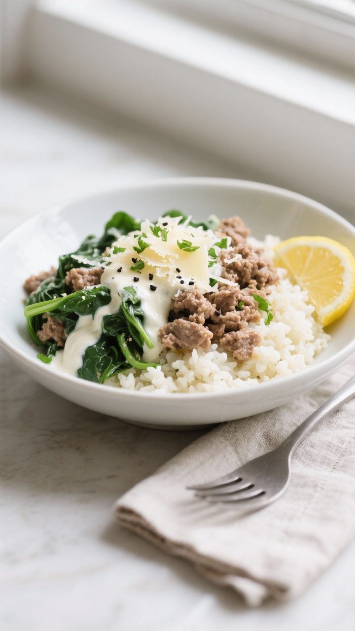 Final dish presentation: Creamy keto ground turkey skillet spooned over fluffy cauliflower rice in a