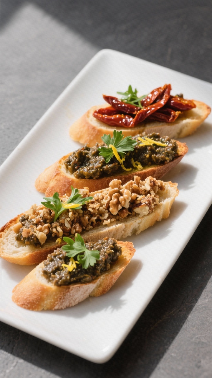 Final dish presentation: Elegant crostini platter with tapenade generously spread on toasted baguett