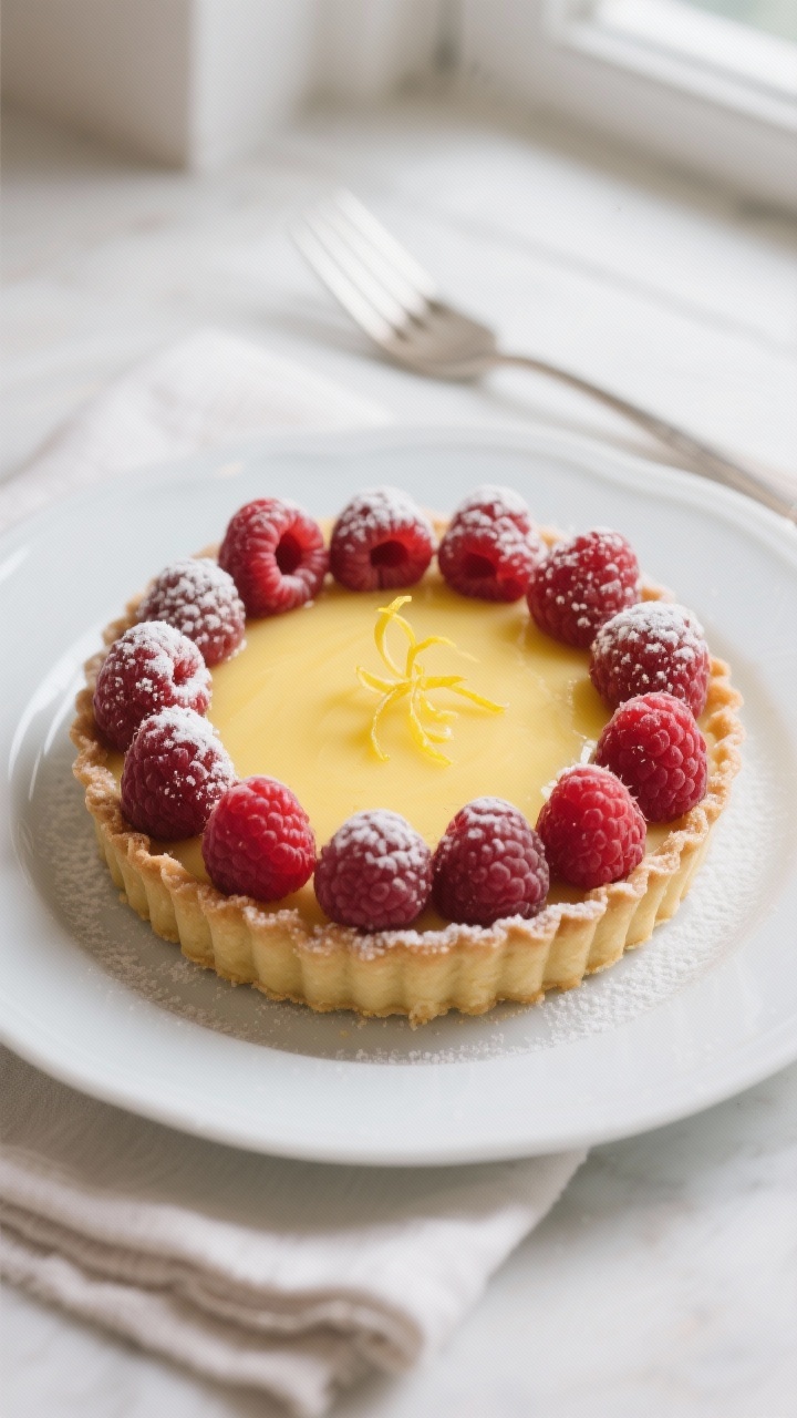 Final dish presentation: Elegant lemon curd tart on a matte white plate with a removable-bottom flut