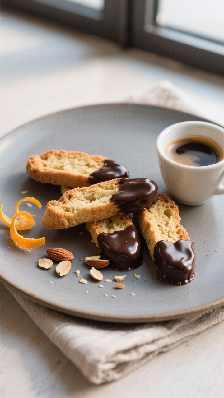 Final dish presentation: Elegant plate of almond biscotti, some ends dipped in glossy dark chocolate