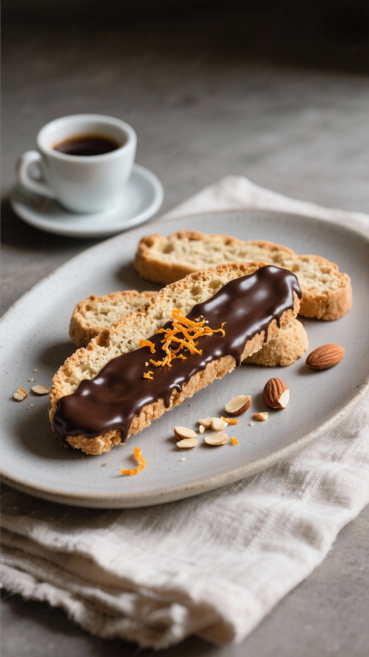 Final dish presentation: Elegant platter of finished almond flour biscotti dipped on one end in glos