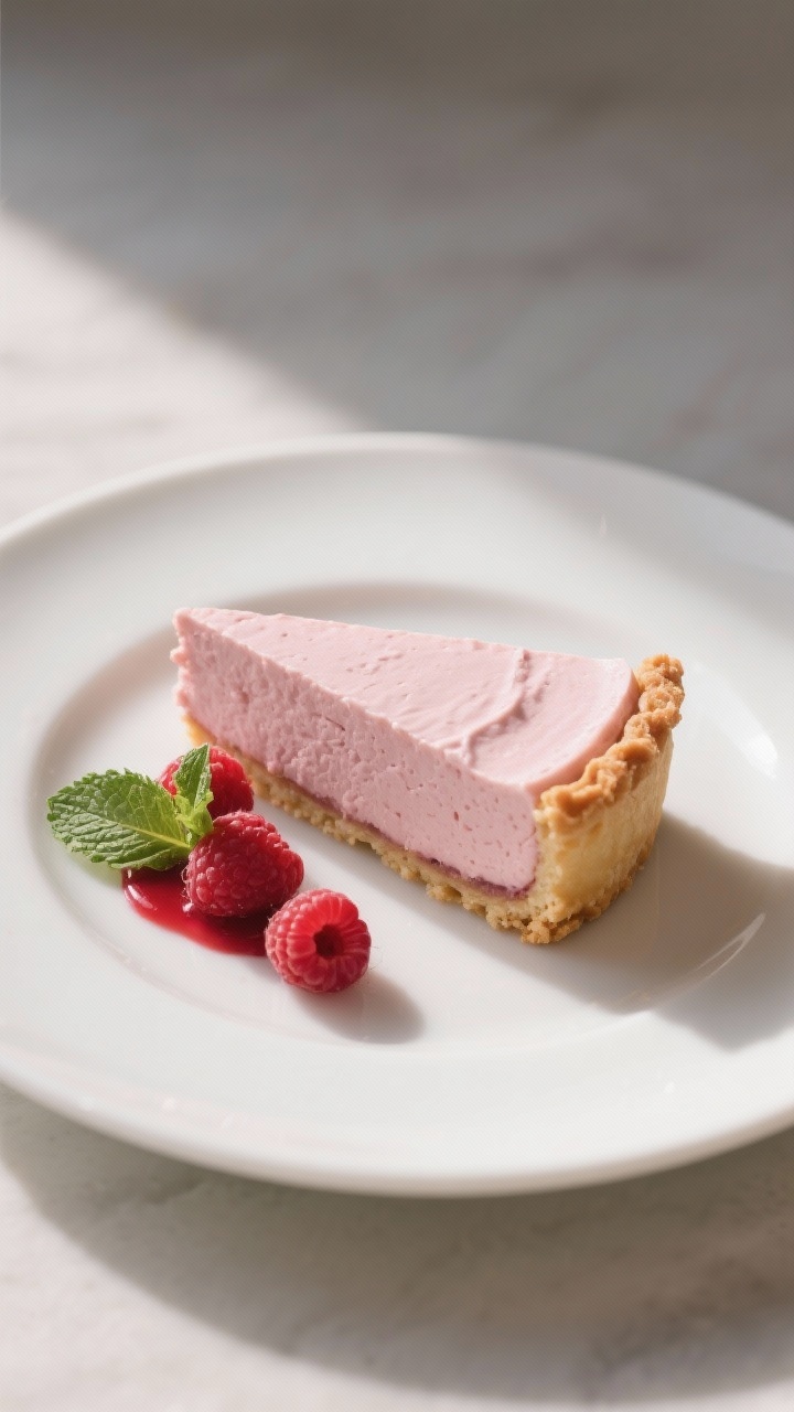 Final dish presentation: Elegant slice of raspberry mousse tart on a matte white dessert plate, the 