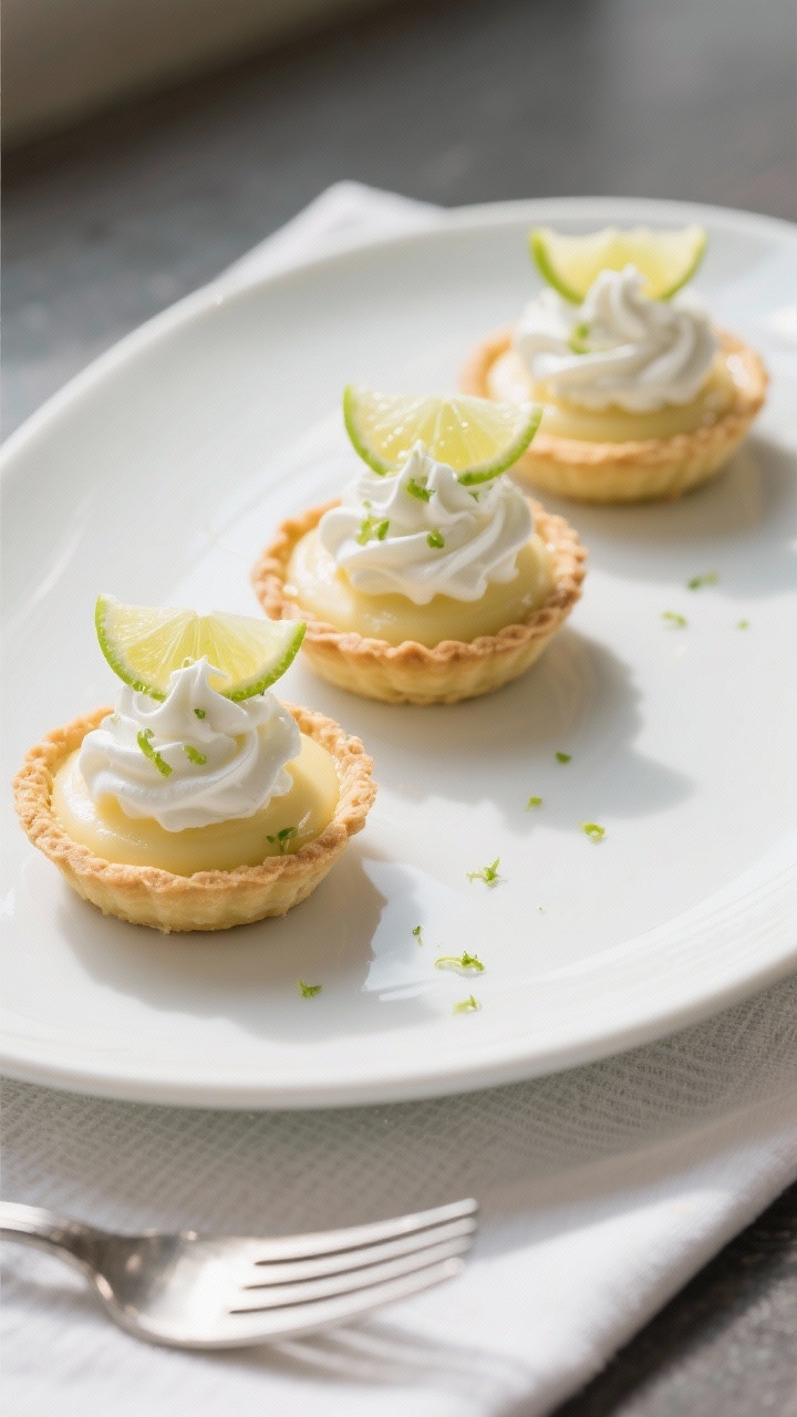 Final dish presentation: Elegant trio of chilled mini lime tartlets plated on a matte white dessert
