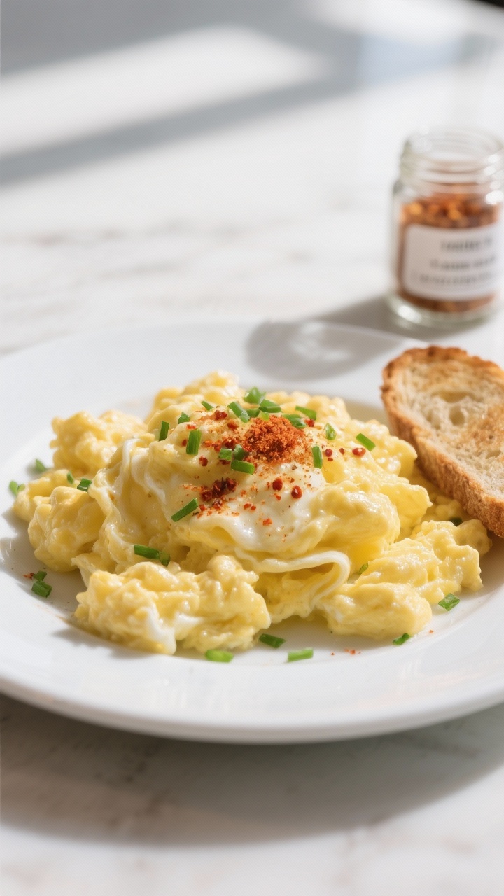 Final dish presentation: Fluffy scrambled eggs on a matte white plate, ribbons of soft curds with gl