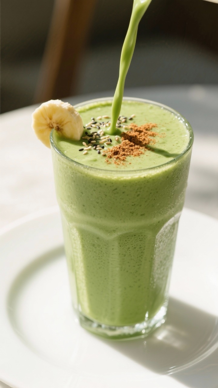 Final dish presentation – Green Power variation: Three-quarter angle of a vibrant green protein mi