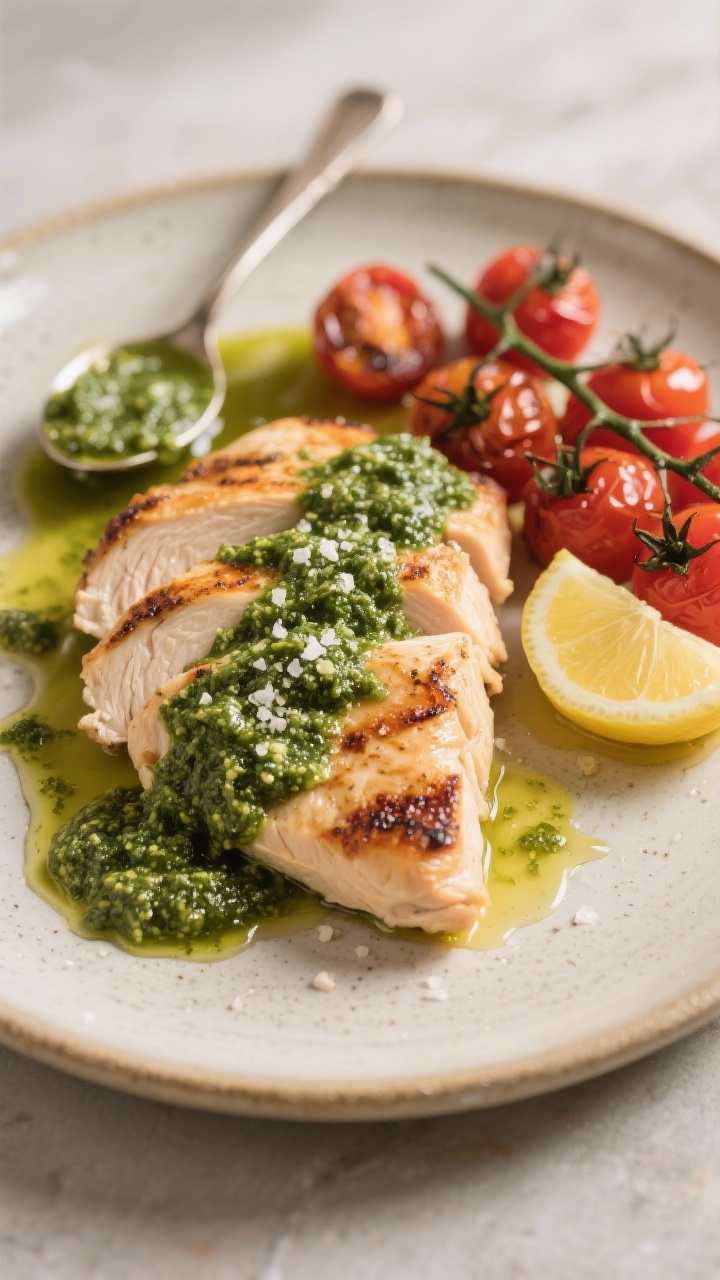 Final dish presentation: Grilled chicken breasts sliced and fanned on a plate with a generous spoon-