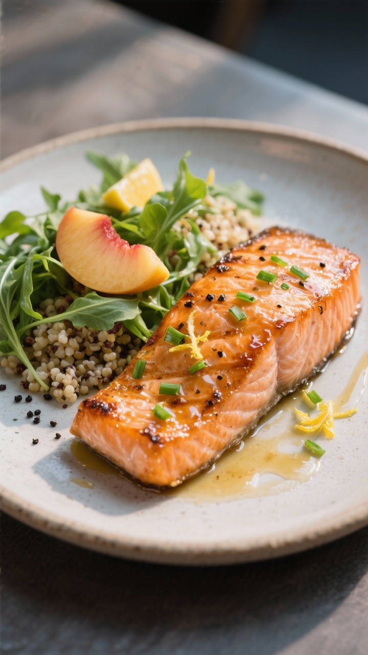 Final dish presentation: Grilled salmon fillet lacquered with a light brush of peach vinaigrette, se