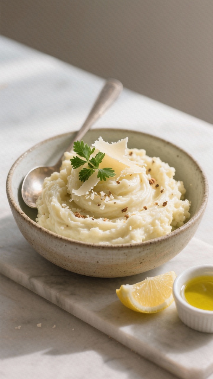 Final dish presentation – Indulgent variation: Restaurant-quality plating of mashed cauliflower fi