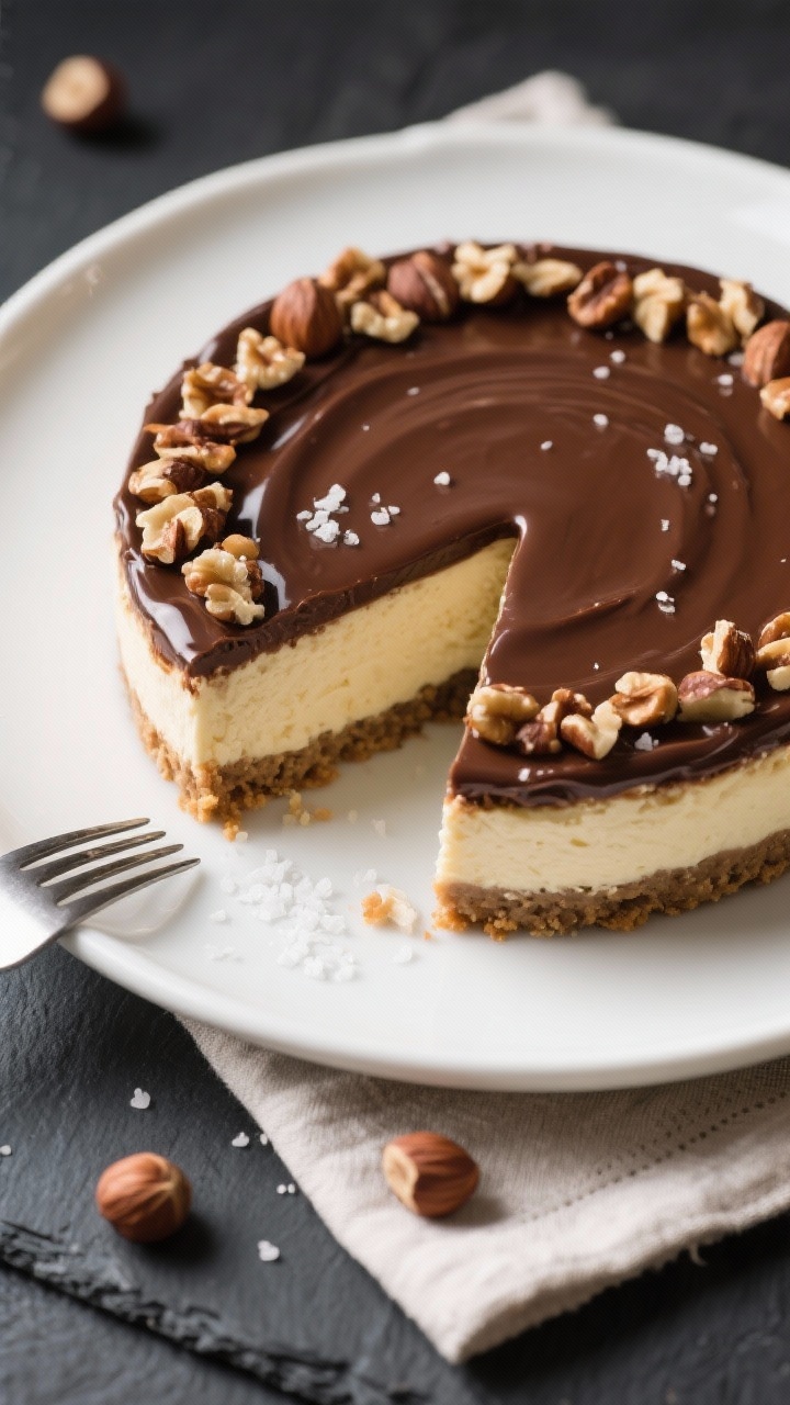 Final dish presentation: Low-carb Nutella cheesecake fully chilled and finished with a glossy sugar-