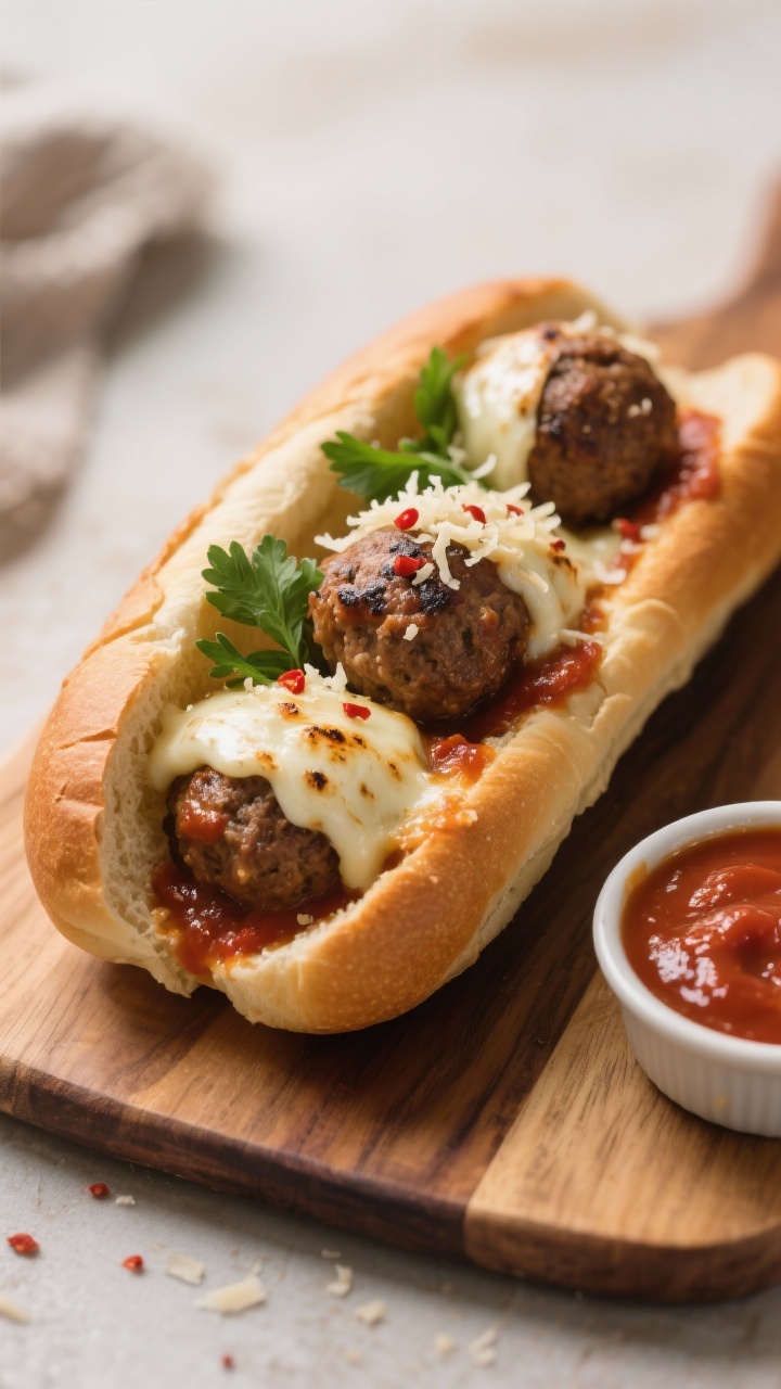 Final dish presentation: Meatball sub in a toasted roll, stuffed with two mozzarella-stuffed meatbal
