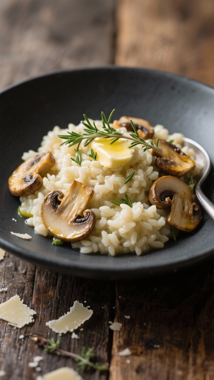 Final dish presentation: Mushroom and Thyme keto risotto, three-quarter angle. Creamy cauliflower ba