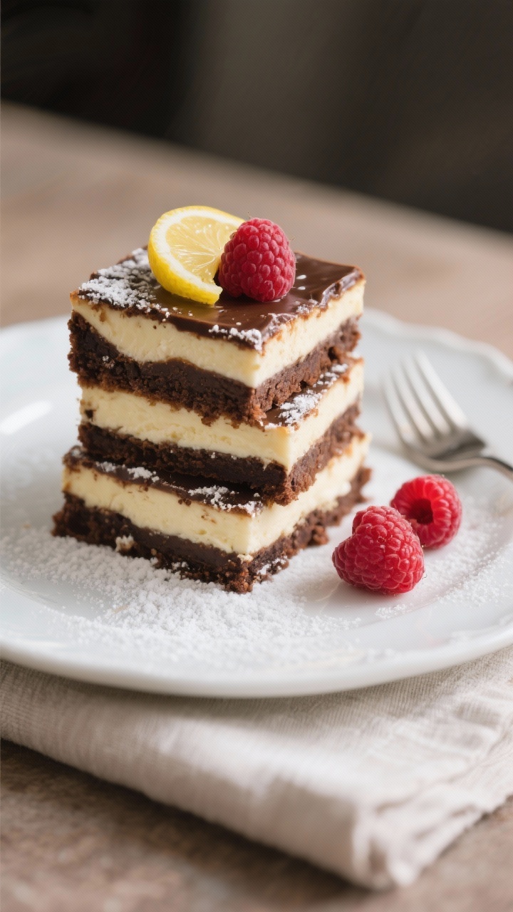 Final dish presentation: Neatly cut squares of raspberry cheesecake brownies stacked slightly offset