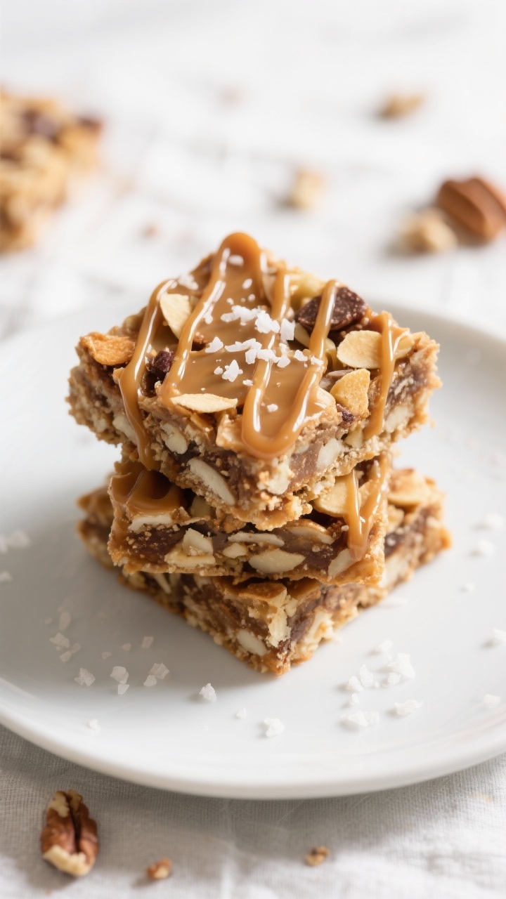 Final dish presentation: Neatly sliced squares of Loaded Caramel Magic Cookie Bars stacked on a matt