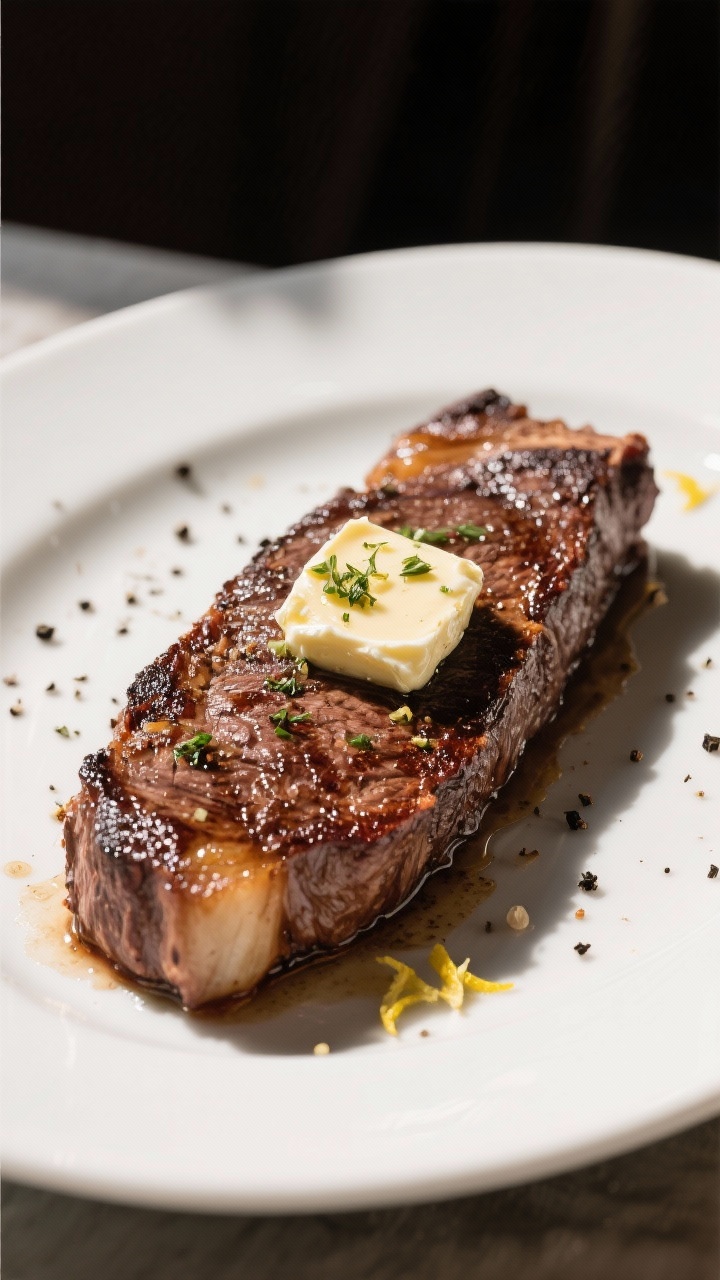 Final dish presentation: New York strip, whole and unsliced, with a deep, even crust and glossy fini