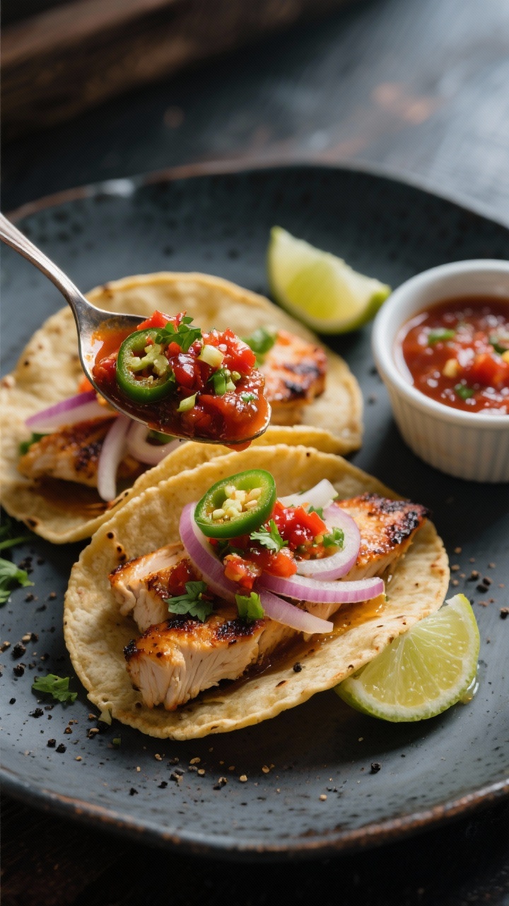 Final dish presentation, on tacos: Restaurant-quality plating of street-style tacos topped with a ge