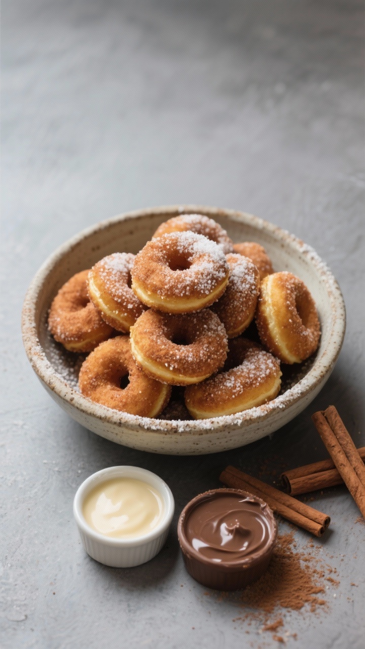 Final dish presentation: Overhead shot of a rustic stoneware bowl piled high with cinnamon-coated ke