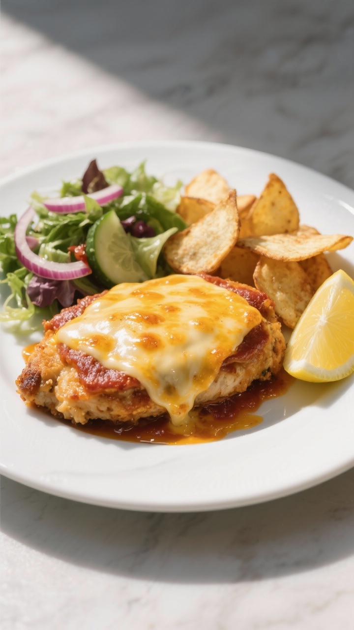 Final dish presentation: Plated Chicken Parmo on a white ceramic plate with chunky chips and a crisp