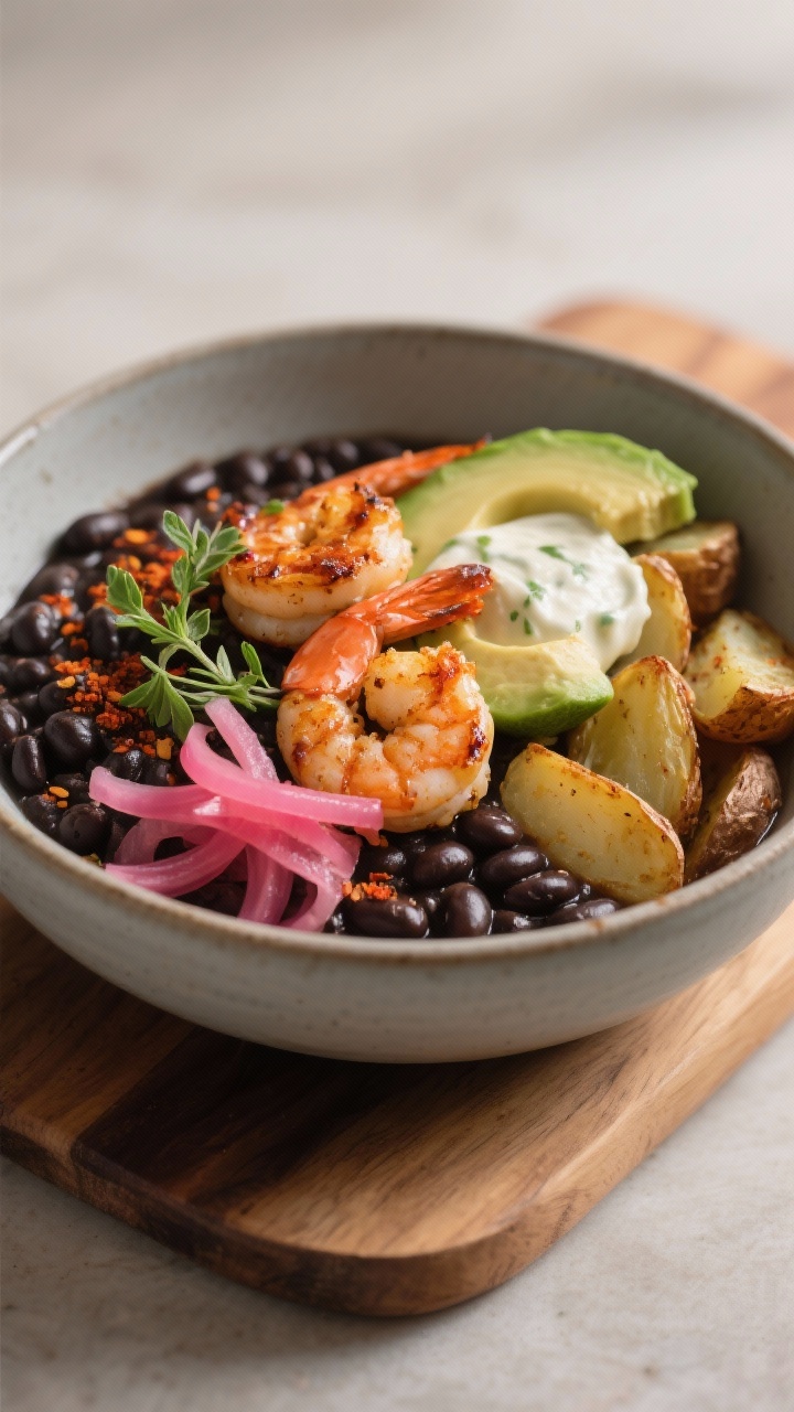 Final dish presentation: Restaurant-quality bean bowl—black beans simmered with the spice mix, top